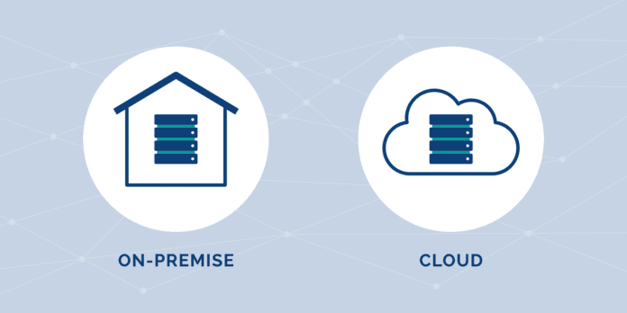 Vector rendering of on-premise and cloud storage icons.